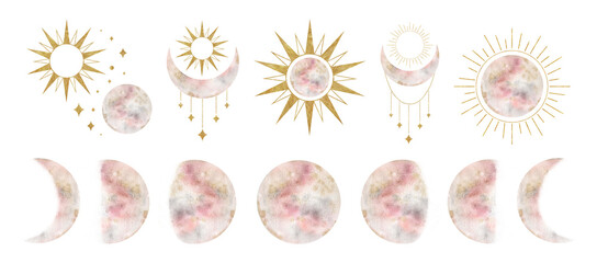 Set of crescent moon, sun, floral elements. Moon, sun and. Isolated watercolor illustration on the topic of astrology and esotericism. Magic celestial clipart for design, print, fabric or background - obrazy, fototapety, plakaty