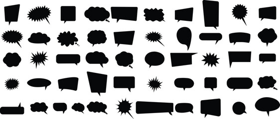 Set of Talk bubble speech icons. Black fill bubbles vectors illustrations designs elements. Chat on Filled symbols template. Dialogue balloon stickers silhouette isolated on transparent background. - obrazy, fototapety, plakaty
