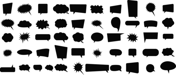 Foto op Plexiglas Set of Talk bubble speech icons. Black fill bubbles vectors illustrations designs elements. Chat on Filled symbols template. Dialogue balloon stickers silhouette isolated on transparent background. © M