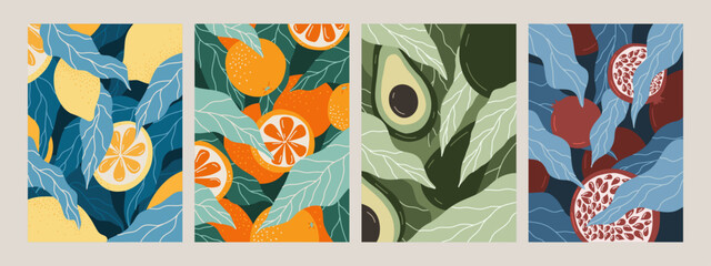 Set of posters with fruits. Cards with orange, lemon, avocado, pomegranate. Vector flat illustration