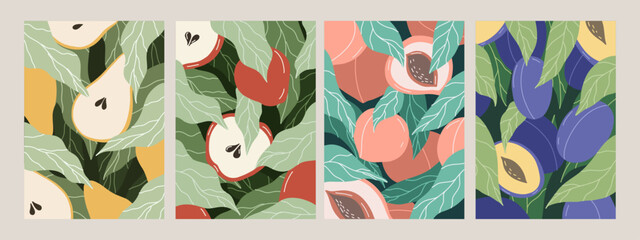 Set of posters with fruits. Cards with pear, apricot, apple, plum. Vector flat illustration