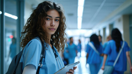 Young female healthcare student in blue scrubs holding a tablet, with a stethoscope around her neck, standing in a hospital corridor with other healthcare workers in the background. - obrazy, fototapety, plakaty