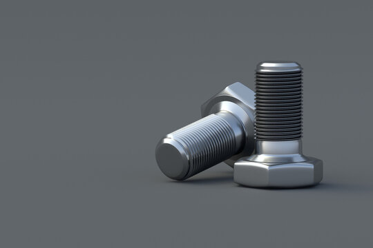 Two bolts on black background. Construction materials. Industrial equipment. Tools in the workshop. Copy space. 3d render