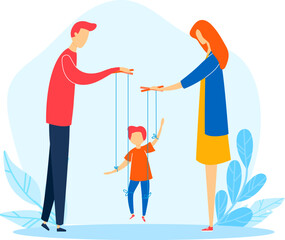 Adult couple manipulating a child on strings like a puppet. Parents controlling their kid s life concept. Family relationships and upbringing vector illustration.