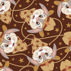 Howdy cute cartoon bunny portrait cowboy sheriff vector seamless pattern. Wild West Happy Easter background.
