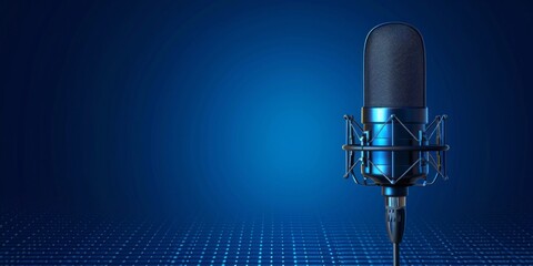 Professional studio microphone on a blue background. There are no people in the photo. Minimalism. Professional recording studio, vocals, conversational genre, debates, interviews, radio. TV. - obrazy, fototapety, plakaty
