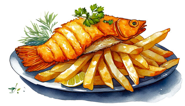 grilled fish with fries, abstract art design