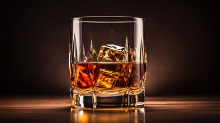 Elegant whisky glass isolated on a rich brown background with ample copy space for text placement - obrazy, fototapety, plakaty