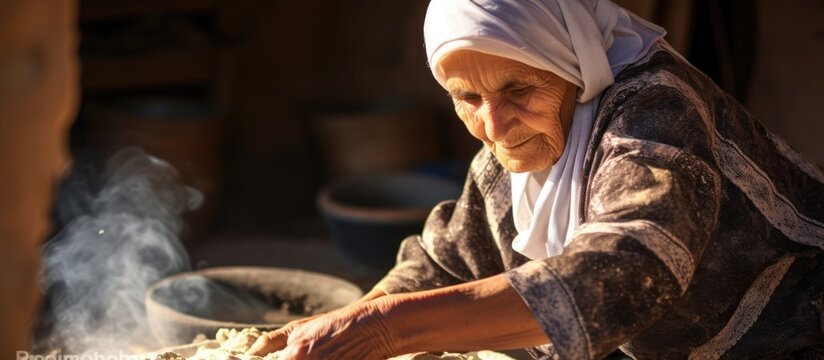 Elderly Arab woman cooking traditional Bedouin cuisine, preparing fresh dough for flatbread.