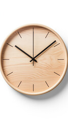 Wooden Clock With Black Hands on White Background - Simple and Classic Timepiece