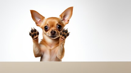 Friendly and energetic dog giving a high five gesture with copy space on a clean white background