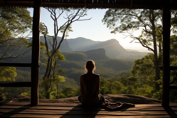 Beautiful woman finding tranquility and rejuvenation through sunrise yoga on her private balcony