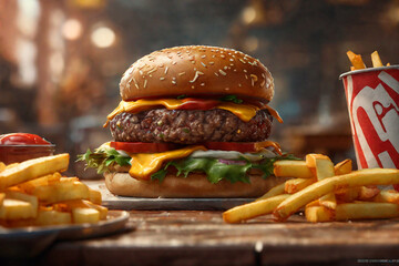 Cheese burger - American cheese burger with Golden French fries on wooden table