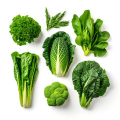 Assorted Collection of Fresh Green Vegetables on White Background