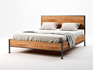 Fototapeta na wymiar Wooden Bed Frame With White Sheets in a Simple and Elegant Design