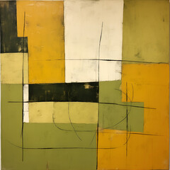 mid century minimalist abstract in olive green and amber in oils Ai generative 