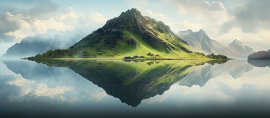Reflection of a hill in still water. - obrazy, fototapety, plakaty