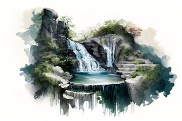 In the heart of the forest, a radiant waterfall weaves a spell of colorful - obrazy, fototapety, plakaty