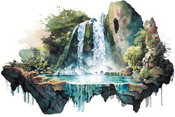 In the heart of the forest, a radiant waterfall weaves a spell of colorful - obrazy, fototapety, plakaty