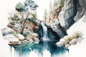 In the heart of the forest, a radiant waterfall weaves a spell of colorful