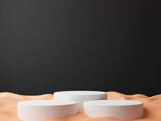 Simple blank black gradient background with product display platform on sand floor. Empty studio with circle podium pedestal on a black backdrop with sand.