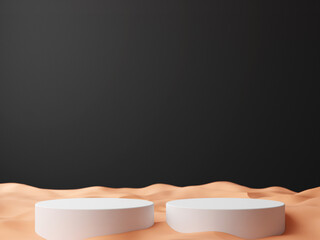 Simple blank black gradient background with product display platform on sand floor. Empty studio with circle podium pedestal on a black backdrop with sand.