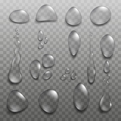 Water and rain drops with light reflections on transparent background, realistic 3d vector design
