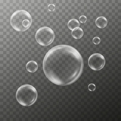 Realistic 3d water bubbles with light reflections on transparent background, vector illustration