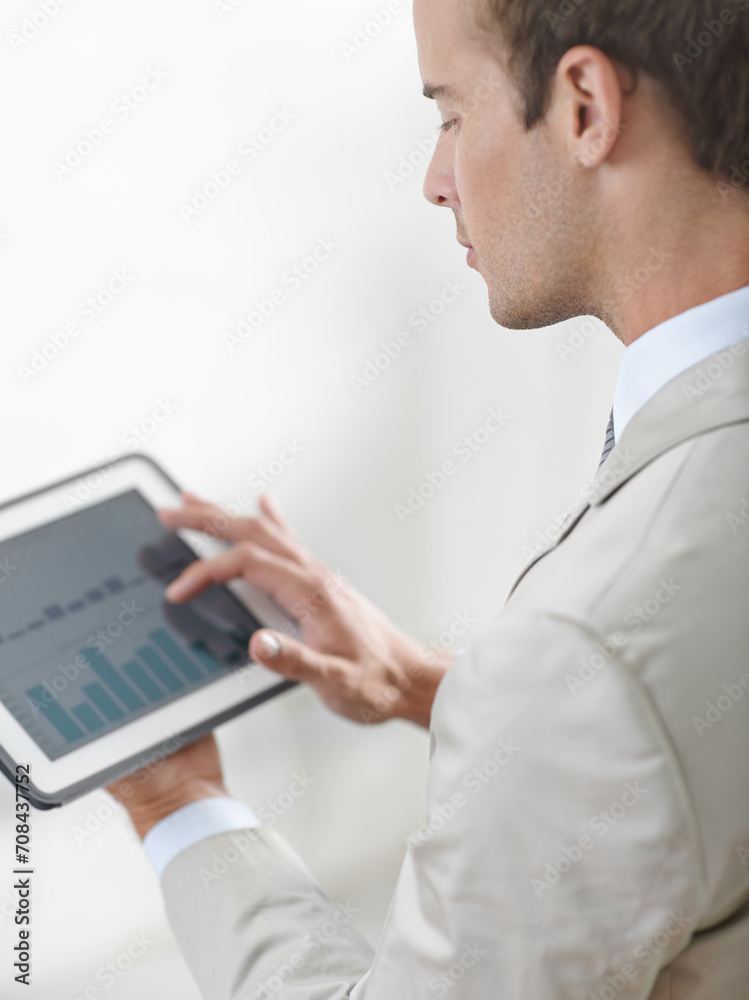 Poster Business man, tablet screen and graphs, charts or data analysis for financial report, increase in revenue or profit. Professional trader or auditor with account management and digital statistics