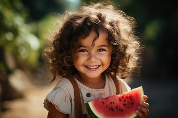 Cute little girl with curly hair eating watermelon in park. Summer vacation concept. Happy family outdoor