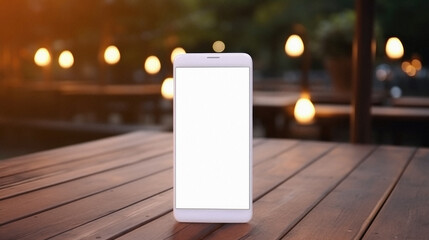 Mockup image of white mobile phone with blank white screen on wooden table in cafe