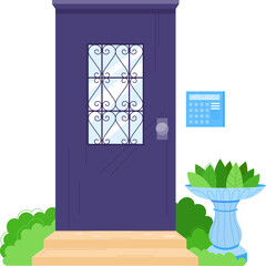 Purple front door with decorative window, plants beside, house exterior day. Home entrance with elegant design and security keypad vector illustration.
