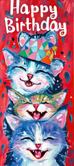 Painting of Three Cats Wearing Birthday Hat, A Joyful Celebration of Feline Fun