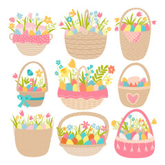 Different Easter wicker baskets cartoon set. Spring flowers and colored eggs in cute Easter basket vector set