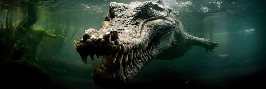 crocodile concealed beneath the water's surface, its eyes and snout visible as it waits patiently for a suitable moment to ambush a drinking prey.