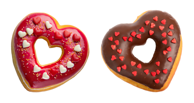 Pair of Delectable Heart Shaped Chocolate and Strawberry Glazed Doughnuts on Transparent Background, PNG file
