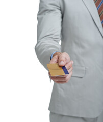 Business hands, credit card and studio for payment, fintech and professional investment, shopping or commerce. Corporate worker or person with banking, financial offer or wealth on a white background