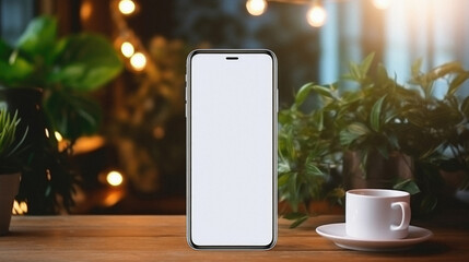 Smartphone mockup with blank screen and coffee cup on wooden table .