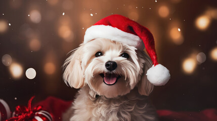 Small White Dog Wearing Santa Hat