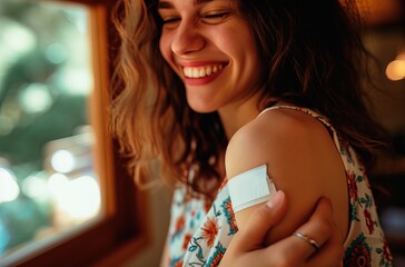 Woman with a plaster on her shoulder smiles after being vaccinated for a disease - obrazy, fototapety, plakaty