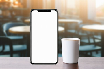 Mockup smartphone with blank screen and coffee cup on table in cafe