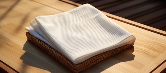 Design presentation of a folded blank tea towel on a wicker table mat mockup.