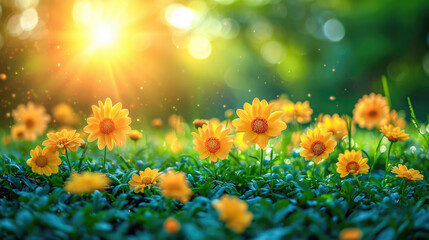 Spring Equinox Day Bokeh Banner Wild Flowers Field And Sun  Rays - obrazy, fototapety, plakaty