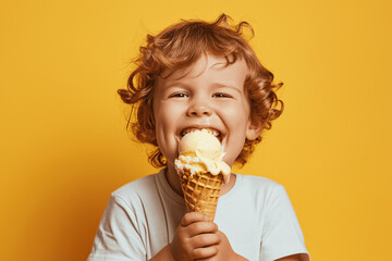 Happy Curly Boy Enjoying Ice Cream Cone on Pastel Yellow Background
