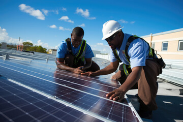 Two Men Working on Solar Panel Installation on Roof