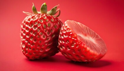two strawberries close-up, one sliced, on red degradating background