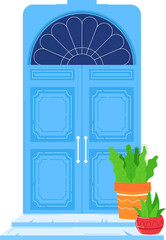 Blue entrance door with arched glass detail and potted plants outside. Home exterior design and decor vector illustration.