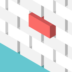 Isometric unique red brick in wall. Uniqueness, difference, individuality, courage, bullying and loneliness concept. Flat design. EPS 8 vector illustration, no transparency, no gradients