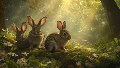 Rabbit family basking in the dappled sunlight of a woodland glade their ears perked up in alertness