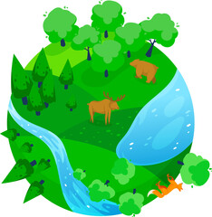Stylized forest landscape with elk by the river, trees, and fish. Bright cartoon nature scene. Eco-friendly and outdoor adventure vector illustration.